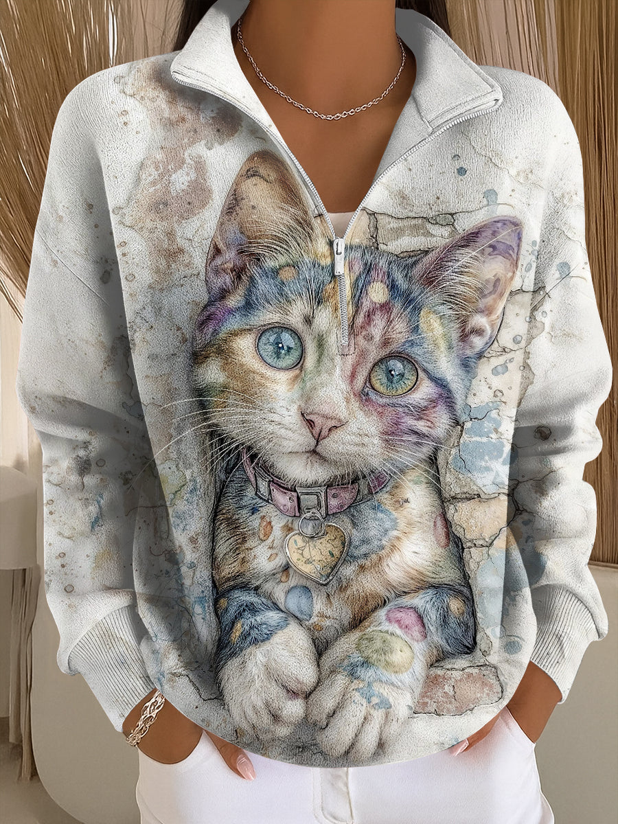 Camila – Sudadera Casual con Cremallera y Arte de Gato para Mujeres