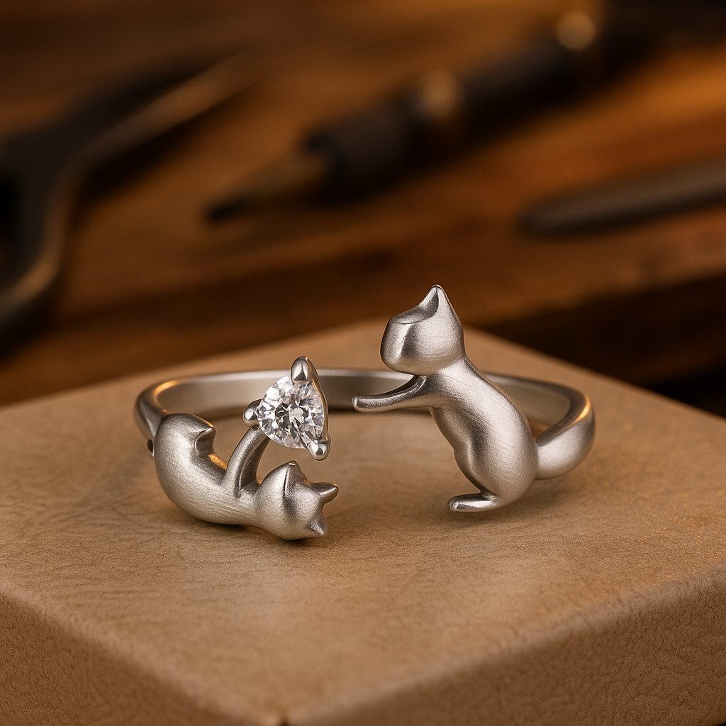 Anillo de plata esterlina ajustable con diseño de gato juguetón y circonitas