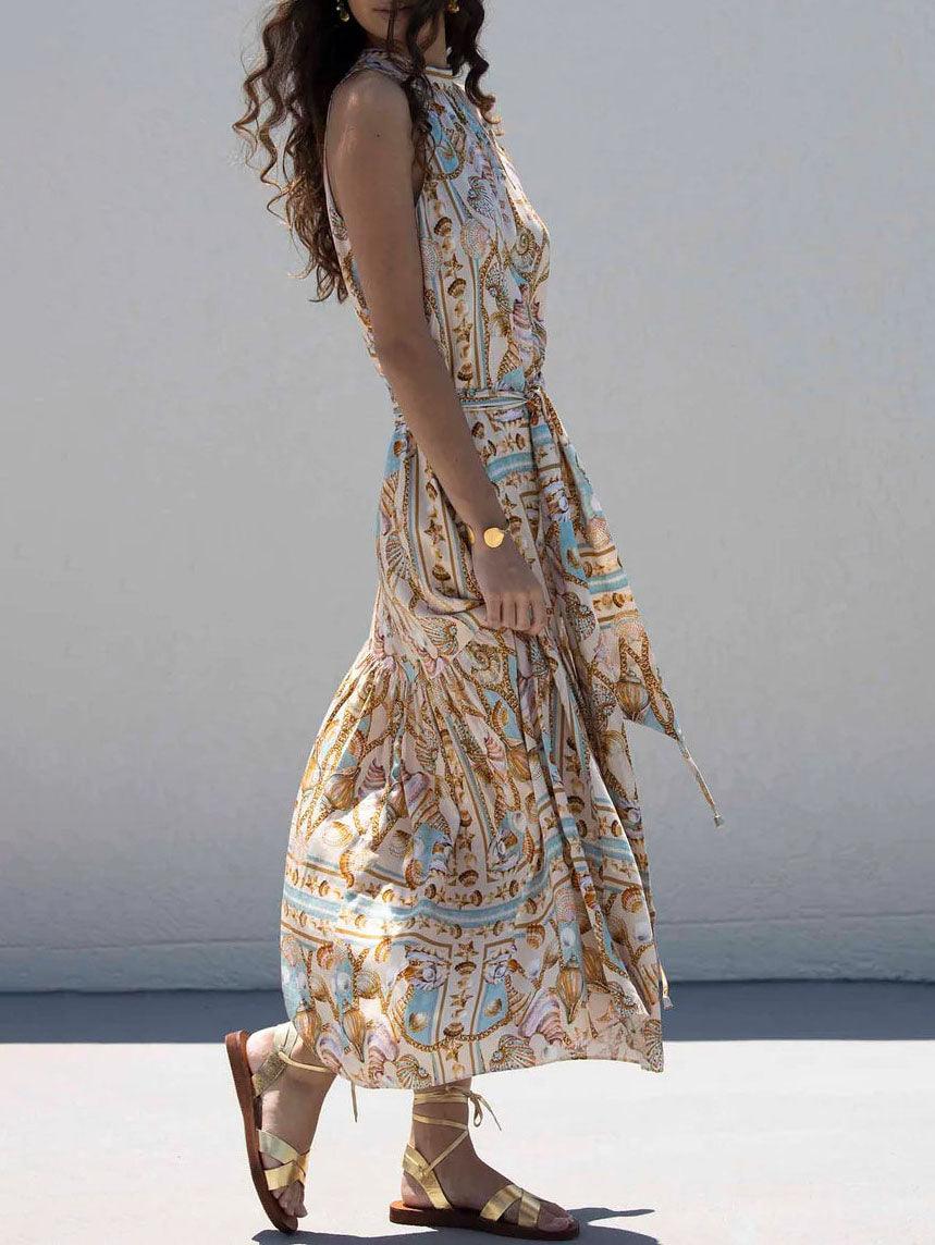 Elegante Vestido Maxi de Satén con Estampado Oceánico