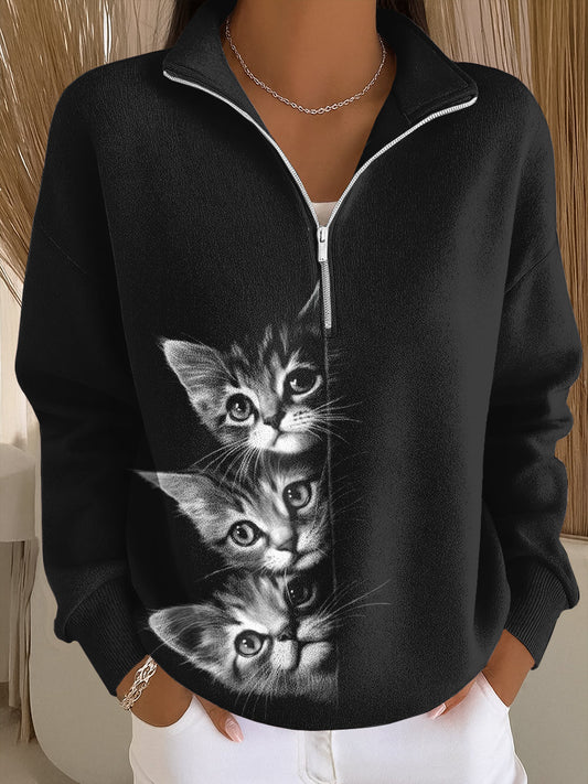 Paula – Sudadera Casual con Cremallera y Arte de Gato para Mujeres