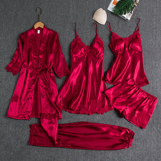 Aurora – Conjunto de Pijama de Satén 5 Piezas para Mujer