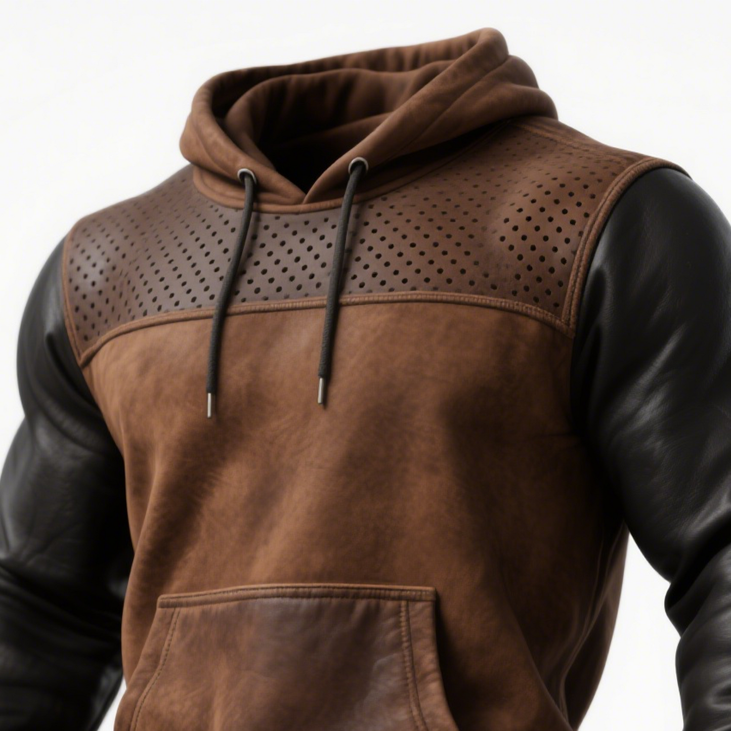 Sudadera de Cuero Marrón con Elegantes Detalles Perforados