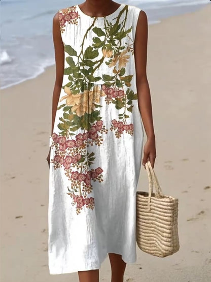 Vestido Floral Sin Mangas de Cuello Redondo para Mujer