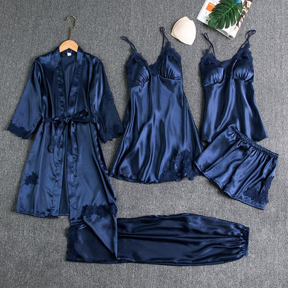 Aurora – Conjunto de Pijama de Satén 5 Piezas para Mujer