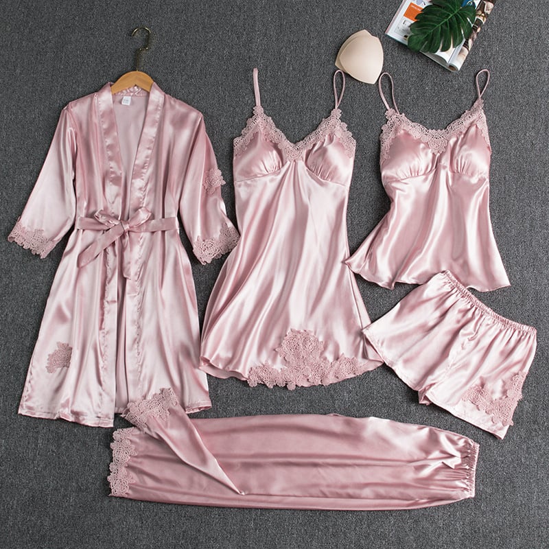 Aurora – Conjunto de Pijama de Satén 5 Piezas para Mujer