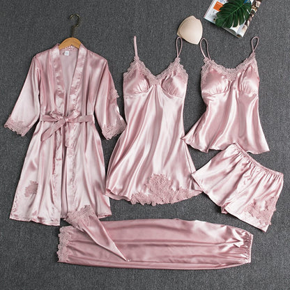 Aurora – Conjunto de Pijama de Satén 5 Piezas para Mujer