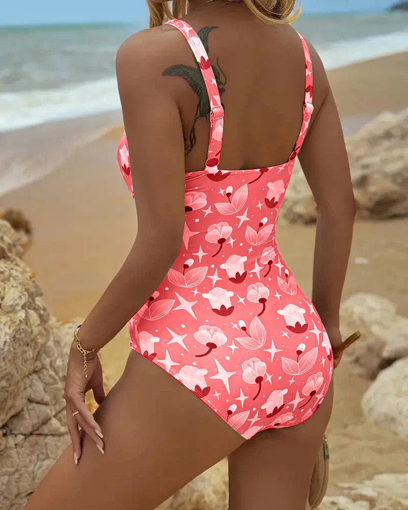 Elegante Traje de Baño de Una Pieza con Tirantes Estampados