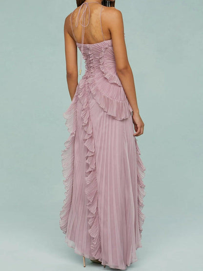 Elegante Vestido Largo de Tirantes con Pliegues y Aberturas