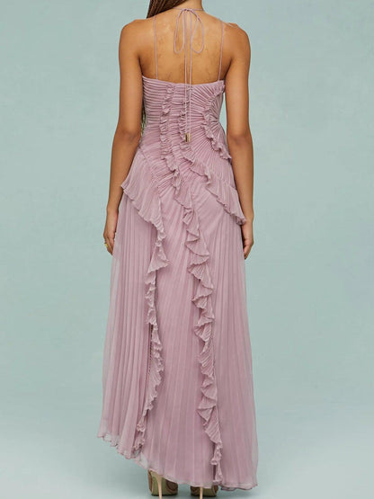 Elegante Vestido Largo de Tirantes con Pliegues y Aberturas