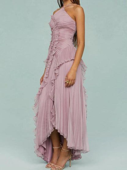 Elegante Vestido Largo de Tirantes con Pliegues y Aberturas