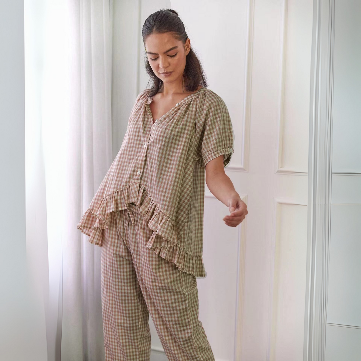 NEVERLAND™ - Conjunto de Top de Manga Abullonada a Cuadros y Pantalones