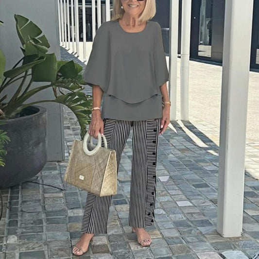 Jevva Elegante Conjunto de Dos Piezas con Cuello Redondo en Gris