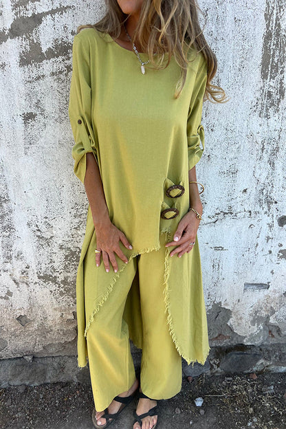Jamilah – Conjunto de Blusa y Pantalones con Detalle de Anillo en Mezcla de Lino