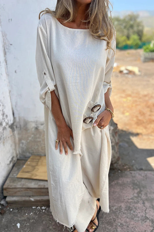 Jamilah – Conjunto de Blusa y Pantalones con Detalle de Anillo en Mezcla de Lino