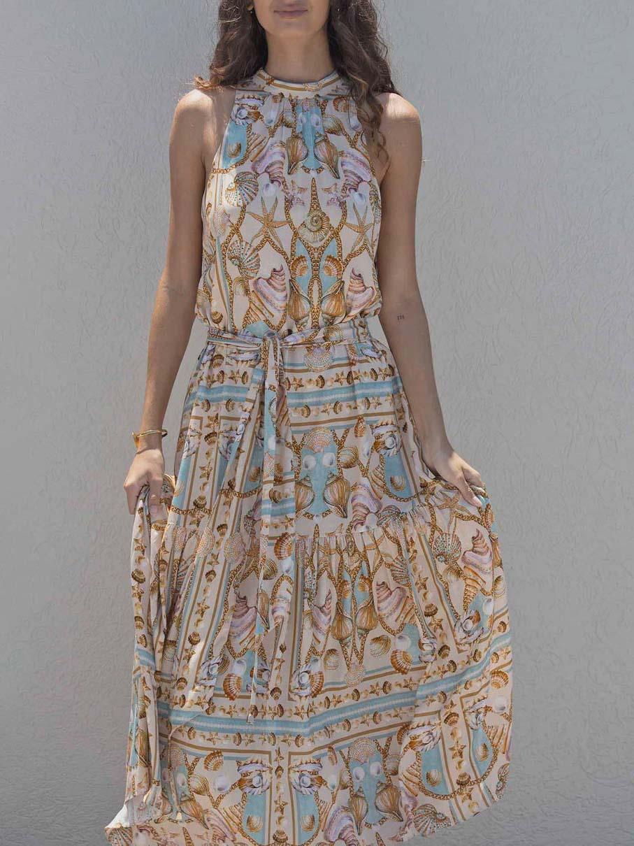 Elegante Vestido Maxi de Satén con Estampado Oceánico