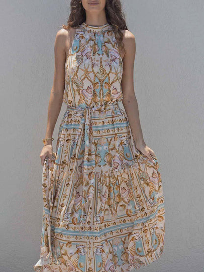 Elegante Vestido Maxi de Satén con Estampado Oceánico