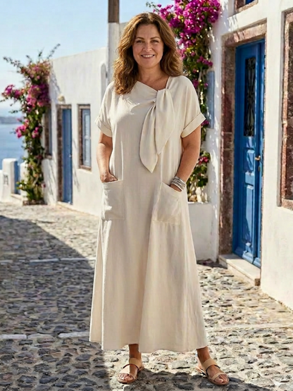Elowyn | Vestido largo de manga corta con cuello redondo y bolsillos