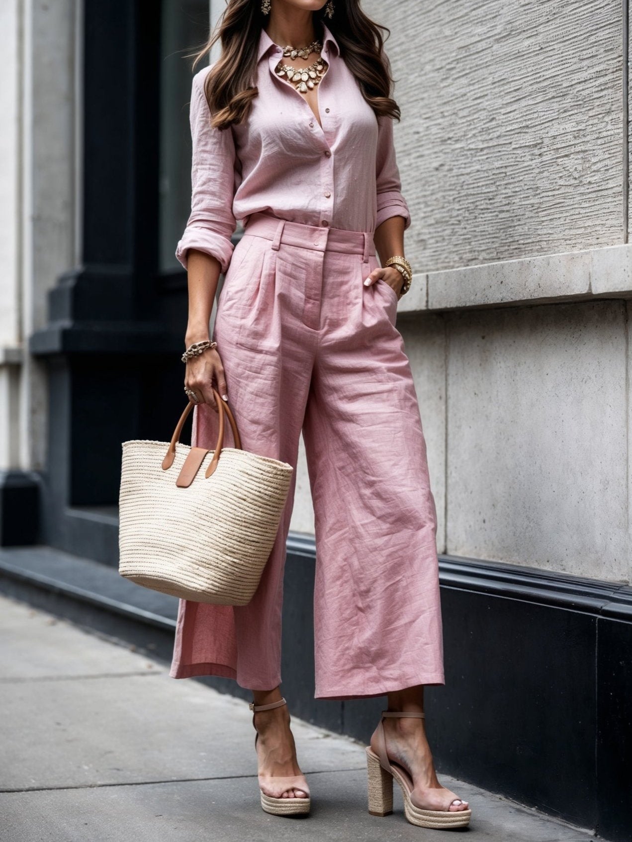 Marisela – Conjunto rosa de lino refinado