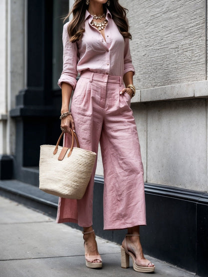 Marisela – Conjunto rosa de lino refinado
