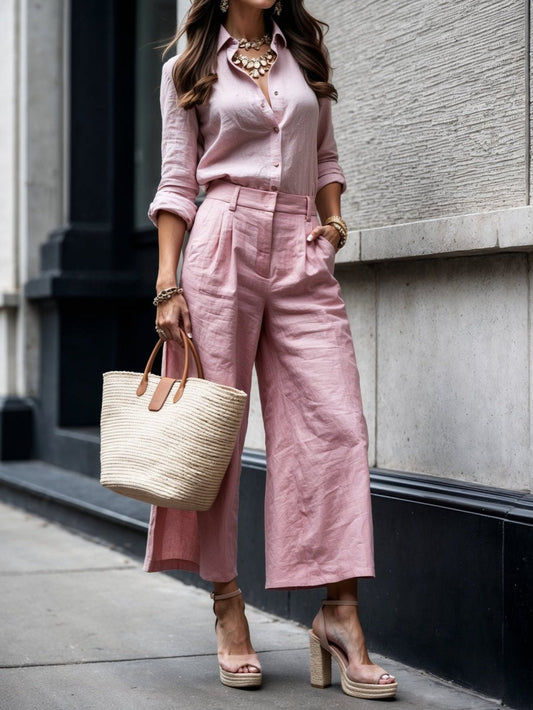 Marisela – Conjunto rosa de lino refinado