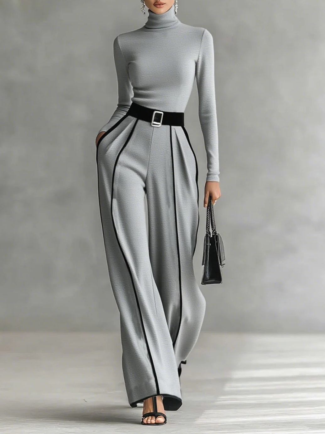 Conjunto Elegante de Top de Cuello Alto y Pantalones de Pierna Ancha