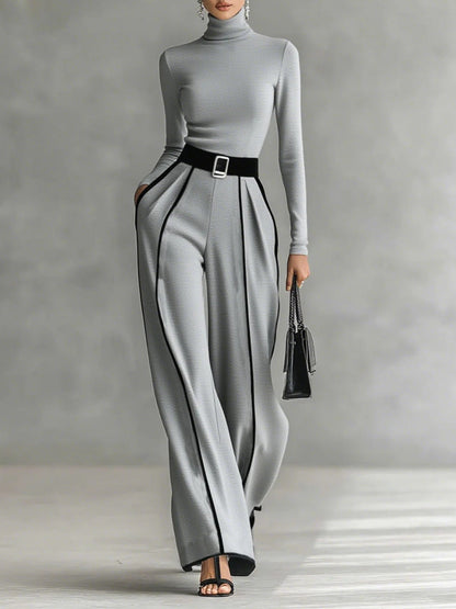 Conjunto Elegante de Top de Cuello Alto y Pantalones de Pierna Ancha