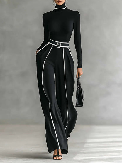 Conjunto Elegante de Top de Cuello Alto y Pantalones de Pierna Ancha
