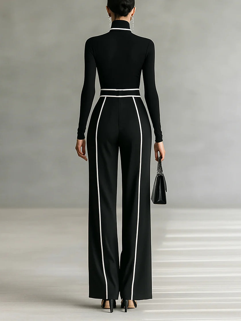 Conjunto Elegante de Top de Cuello Alto y Pantalones de Pierna Ancha