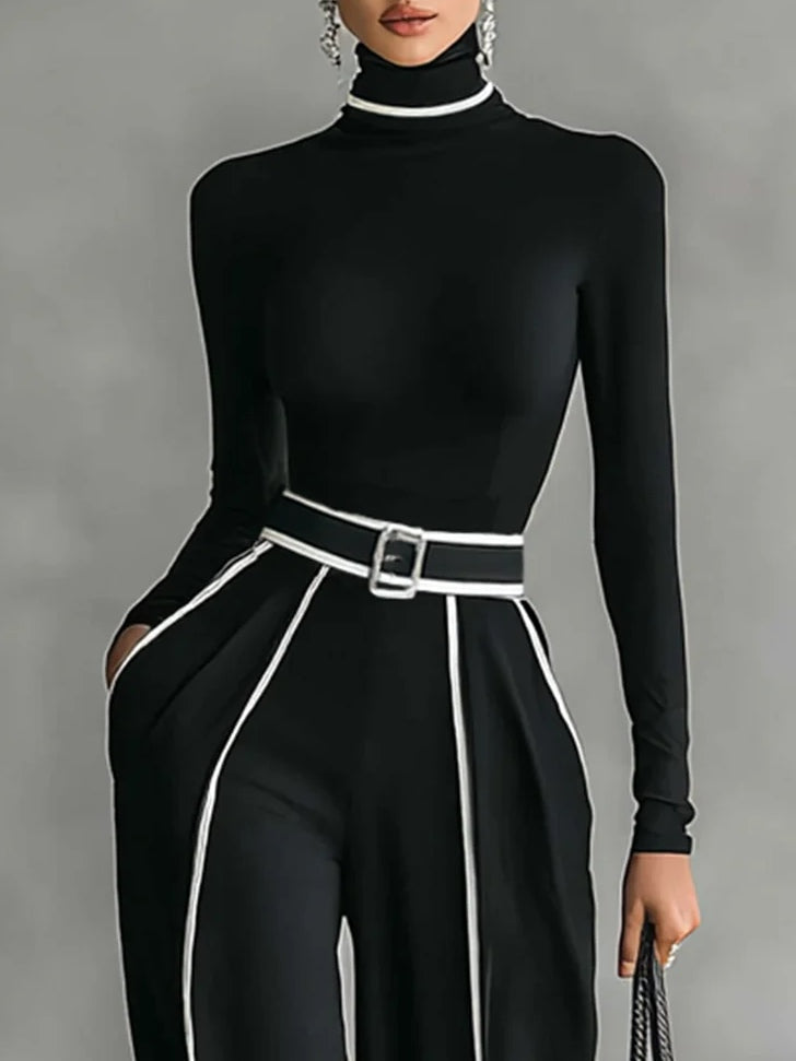 Conjunto Elegante de Top de Cuello Alto y Pantalones de Pierna Ancha