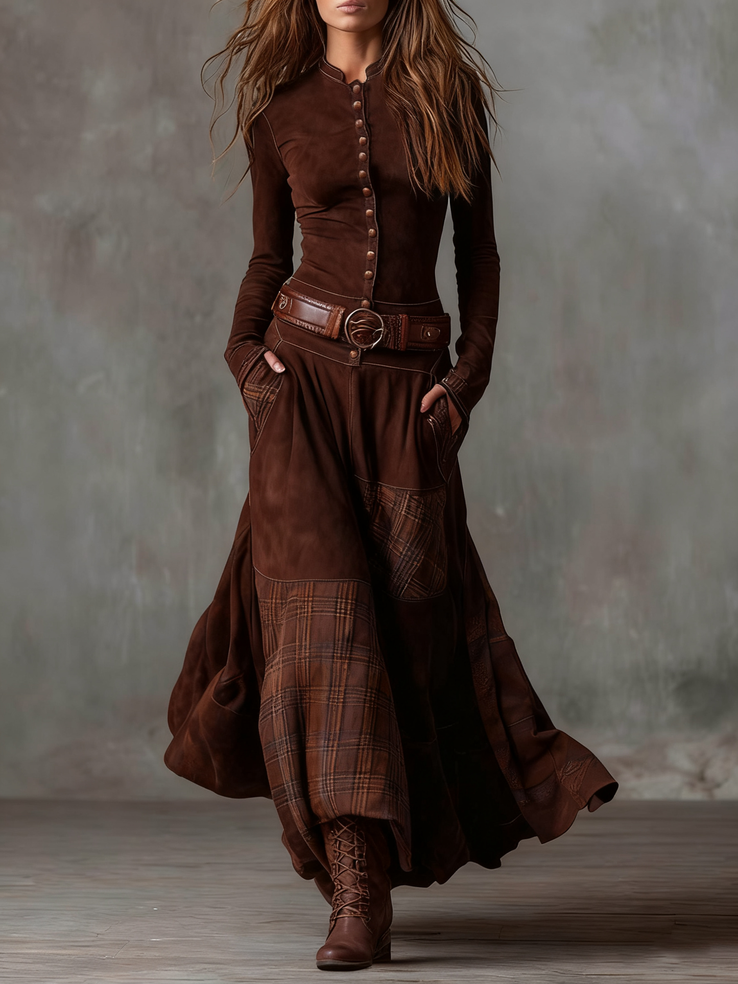 Leonora | Vestido largo vintage de ante a cuadros azul marino (Incluye Cintura)