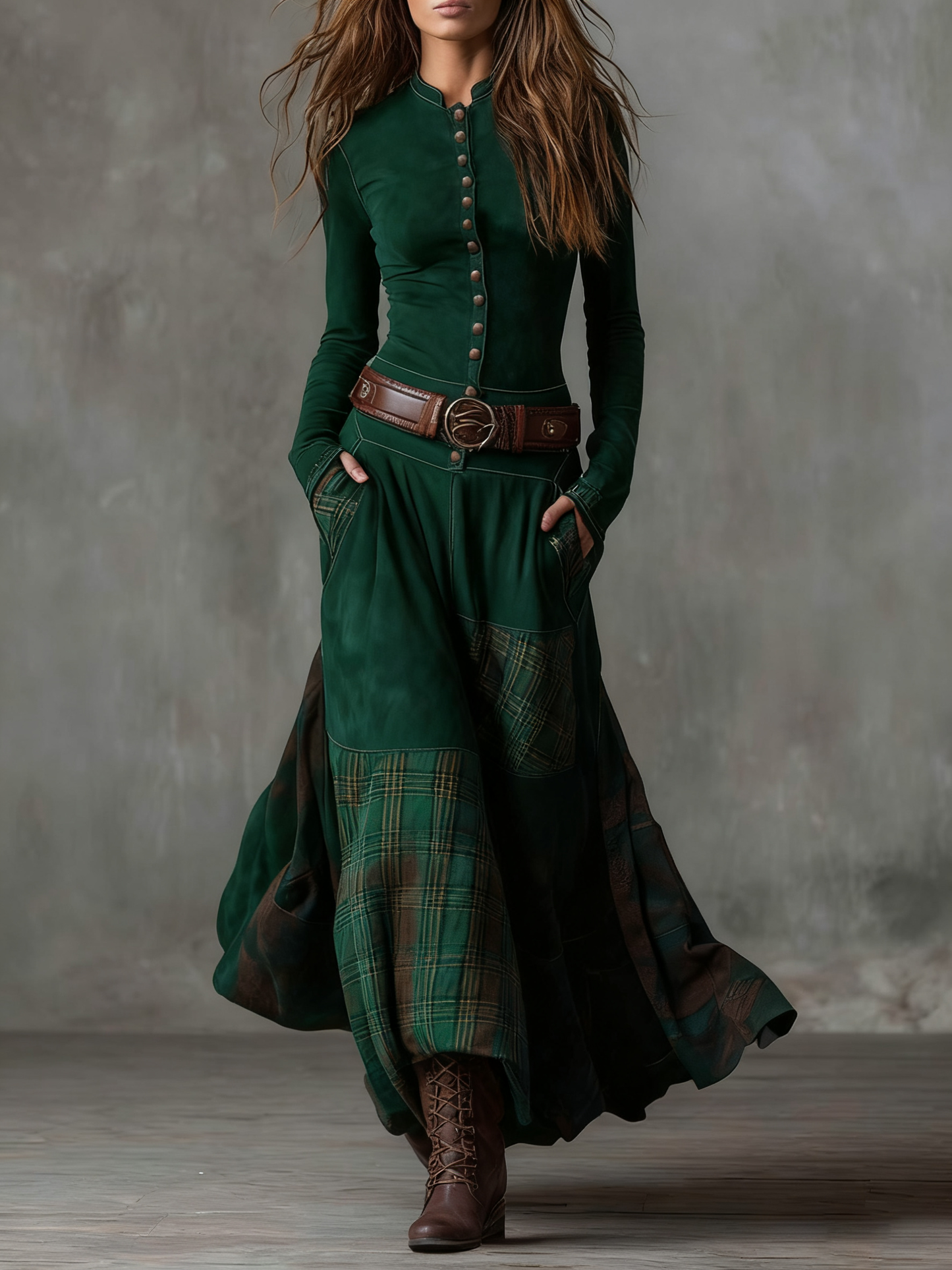 Leonora | Vestido largo vintage de ante a cuadros azul marino (Incluye Cintura)