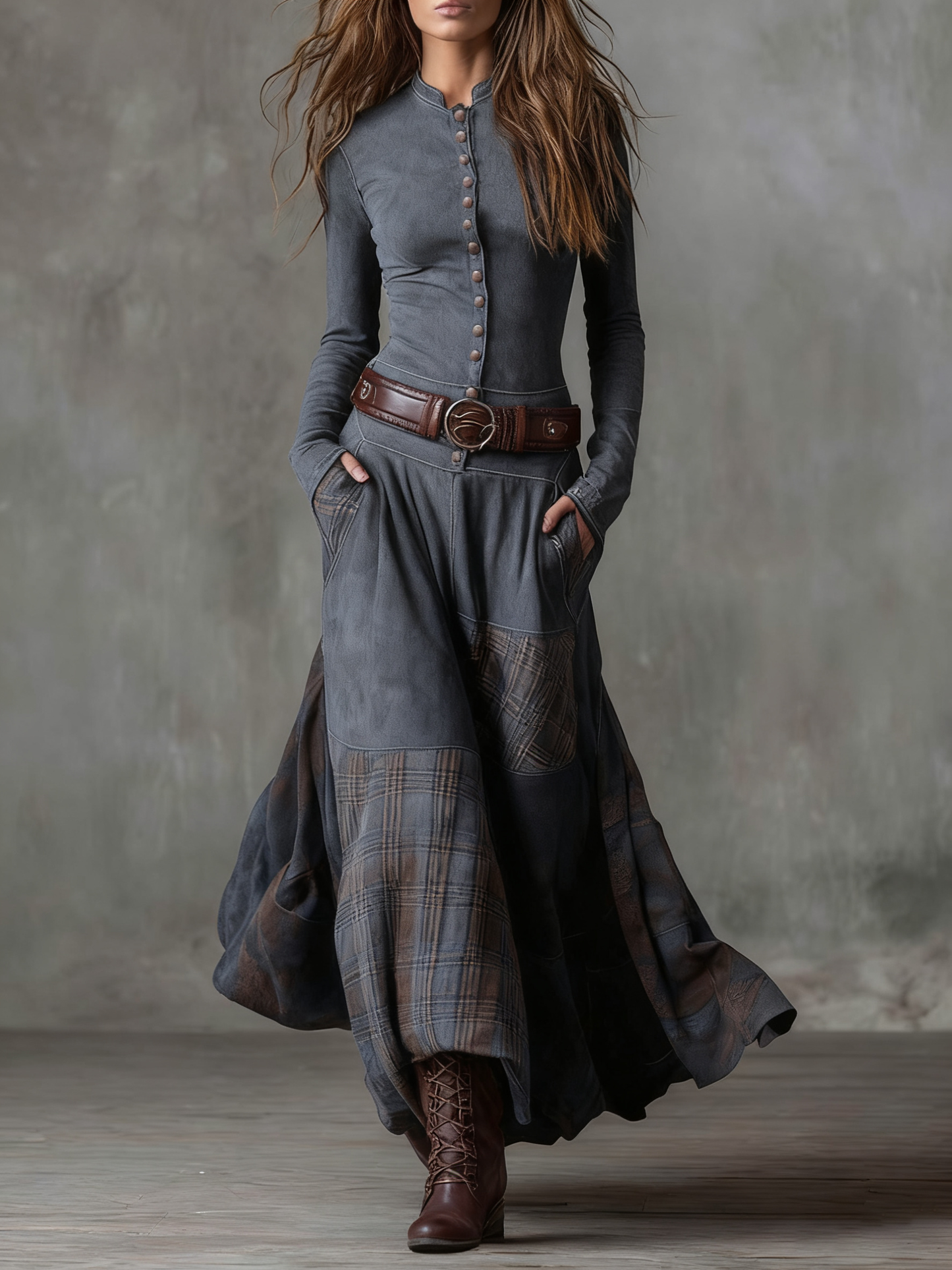 Leonora | Vestido largo vintage en ante a cuadros azul marino (Incluye Cintura)