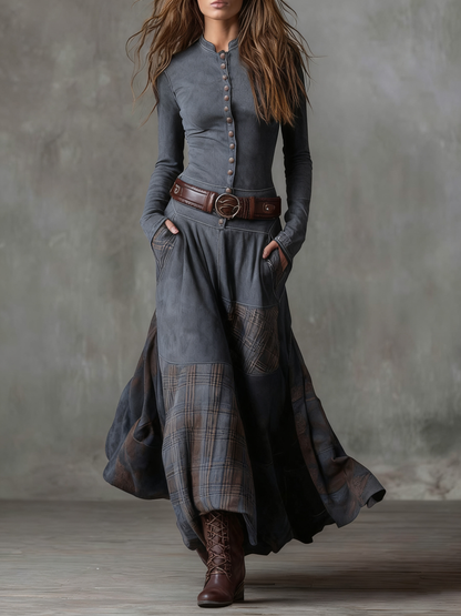 Leonora | Vestido largo vintage de ante a cuadros azul marino (Incluye Cintura)
