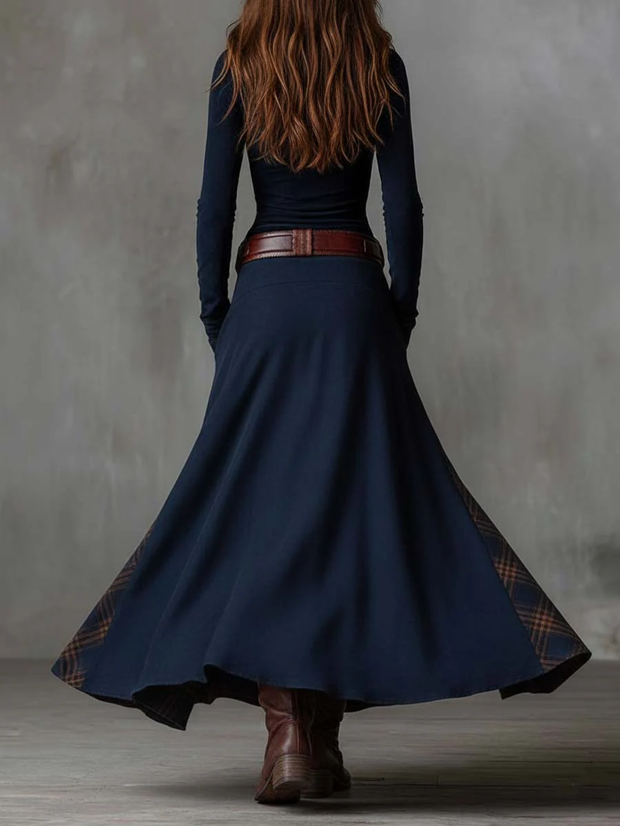 Leonora | Vestido largo vintage en ante a cuadros azul marino (Incluye Cintura)