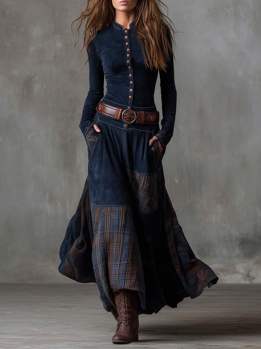 Leonora | Vestido largo vintage de ante a cuadros azul marino (Incluye Cintura)