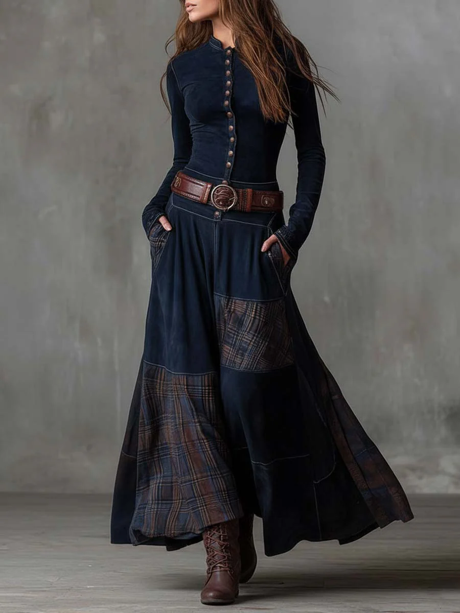 Leonora | Vestido largo vintage de ante a cuadros azul marino (Incluye Cintura)