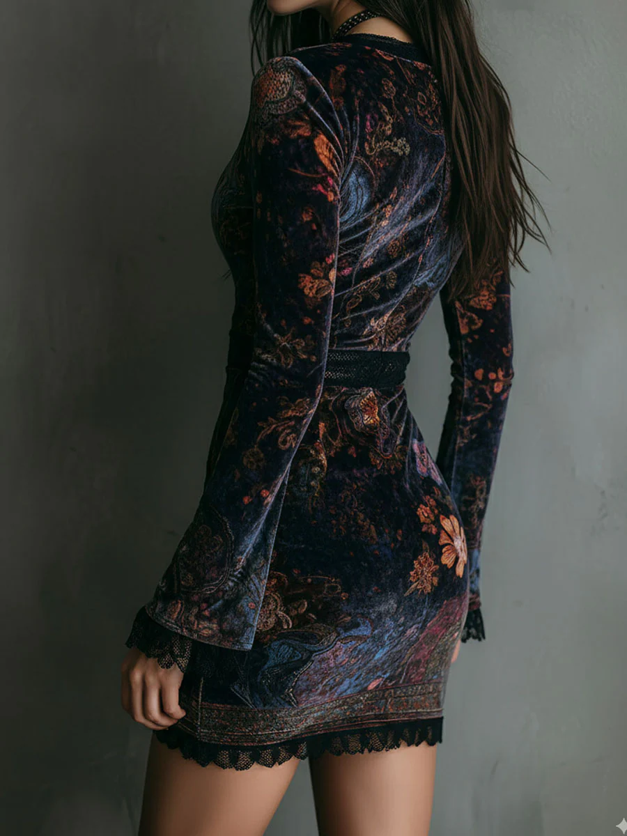 Vestido Mini Slim-fit de Terciopelo con Encaje y Estampado Floral