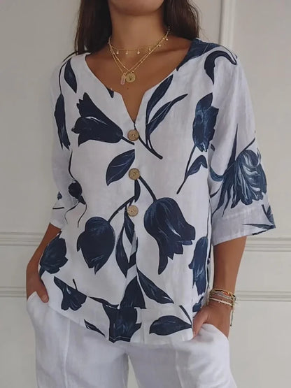 Diario Blusa Floral con Botones Elegante