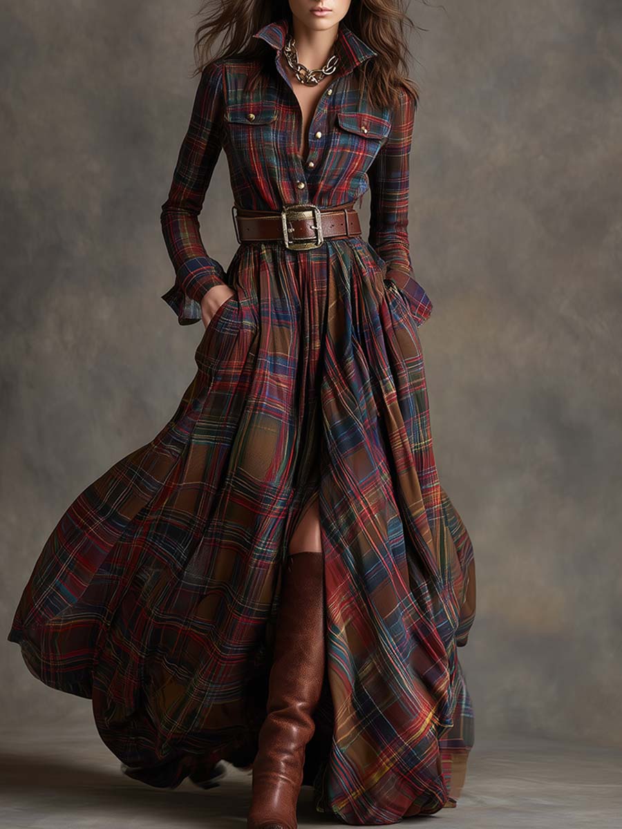 Giulietta - Vestido Camisa Maxi a Cuadros con Cintura