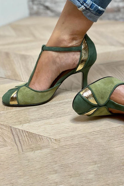 Zapatos de Tacón Patchwork con Tira T y Punta Cerrada