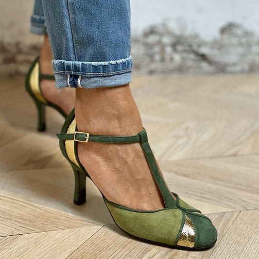 Zapatos de Tacón Patchwork con Tira T y Punta Cerrada