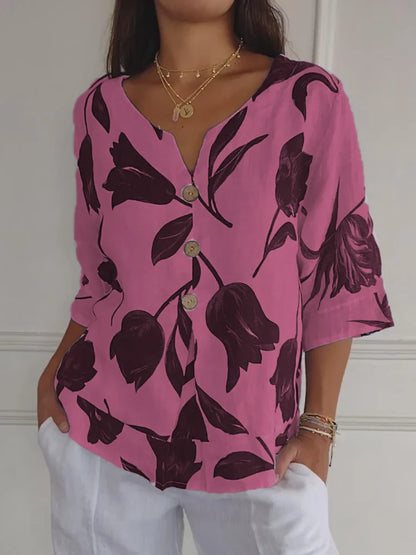 Diario Blusa Floral con Botones Elegante