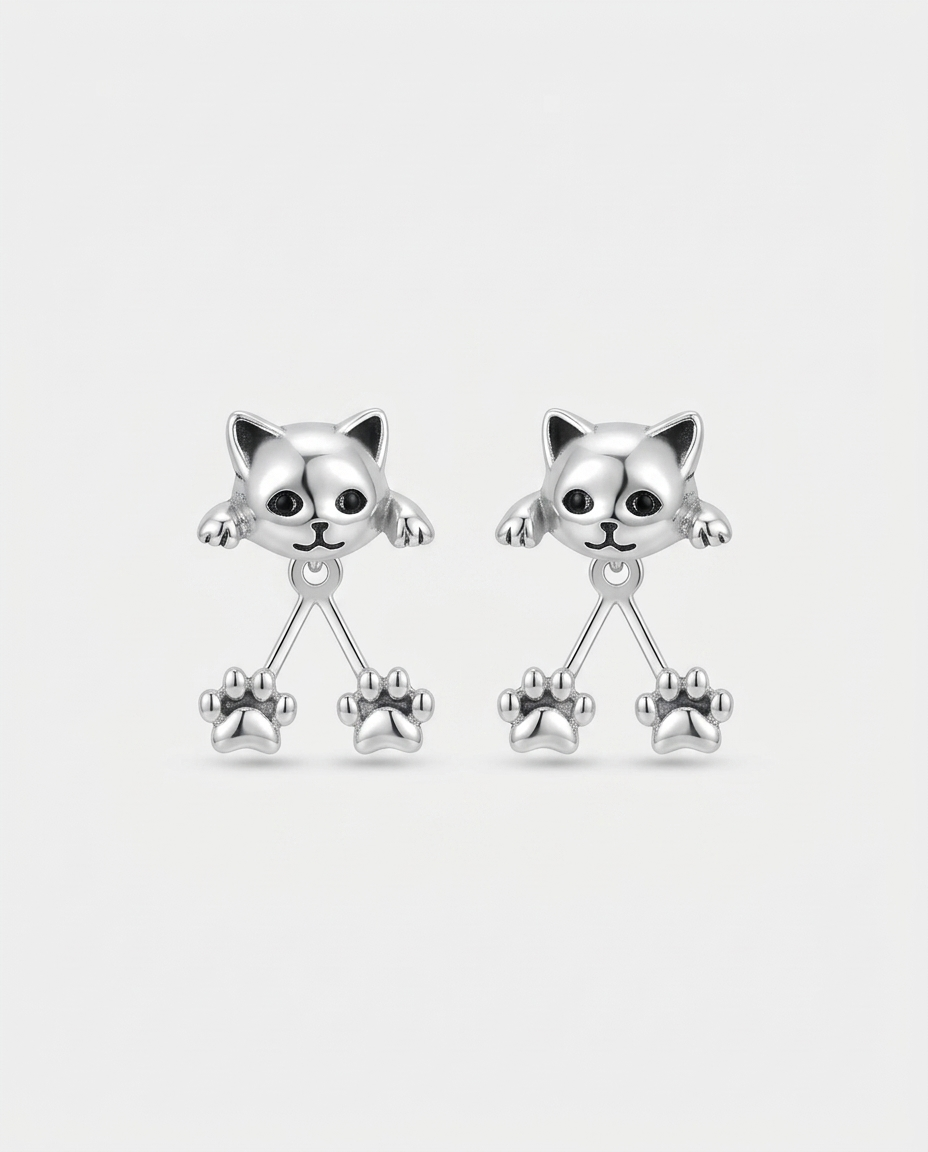 Aretes Bañados en Plata con Patitas de Gato