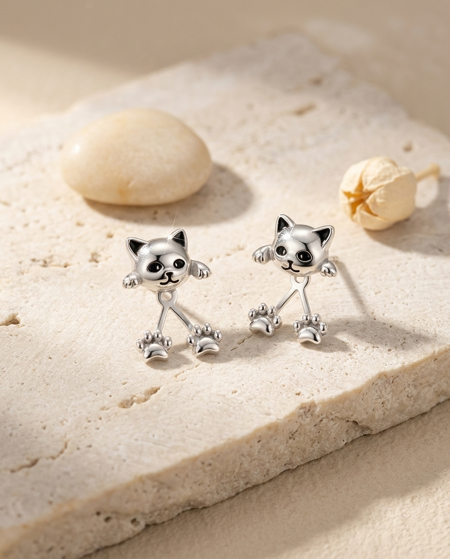 Aretes Bañados en Plata con Patitas de Gato
