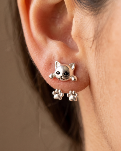 Aretes Bañados en Plata con Patitas de Gato